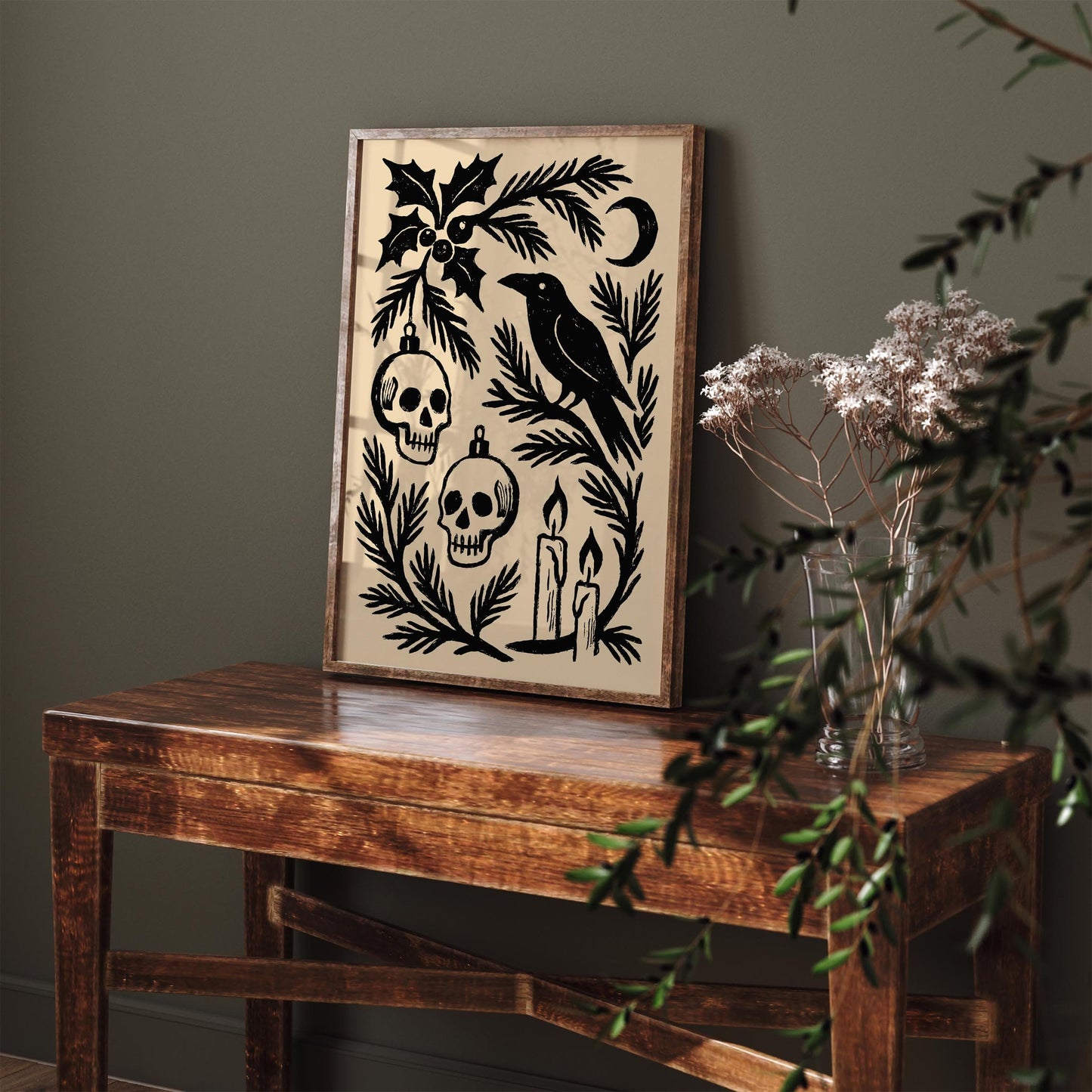 Gothic Christmas Black Ink Art Poster – Dark Holiday Wall Decor Print