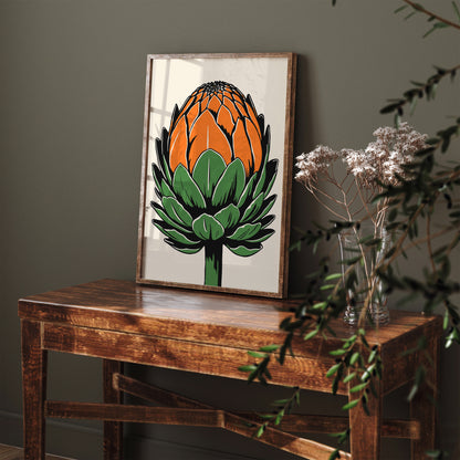 Retro Linocut Orange Green Artichoke Print