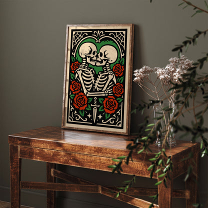 Rockabilly Skeletons Couple Poster - Halloween Romantic Kiss Art Print