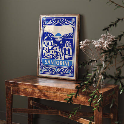 Blue Art Deco Santorini Wall Art Print – Greek Island Decor