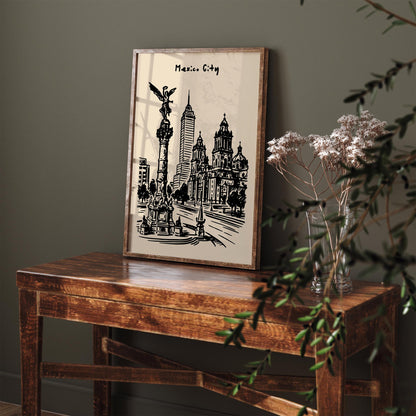 Mexico City Poster - Black Ink Sketch Art