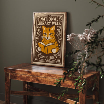 National Library Week Poster, Cat Reading a Book Print