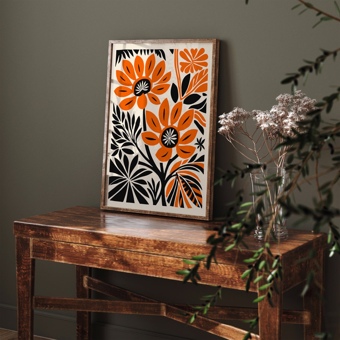 Orange Flowers in Linocut Style Art Print