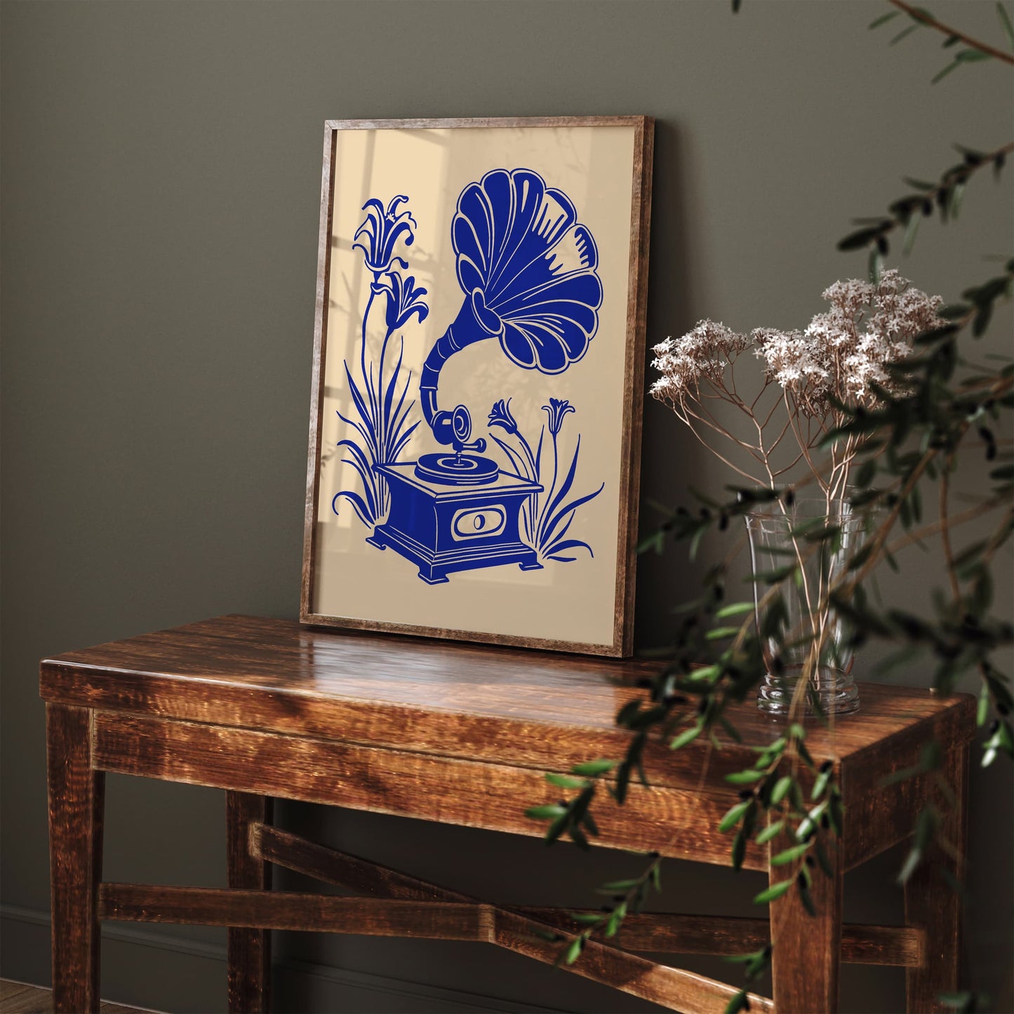 Blue Gramophone in Flowers Vintage Style Art Print