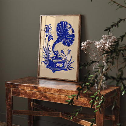 Blue Gramophone in Flowers Vintage Style Art Print