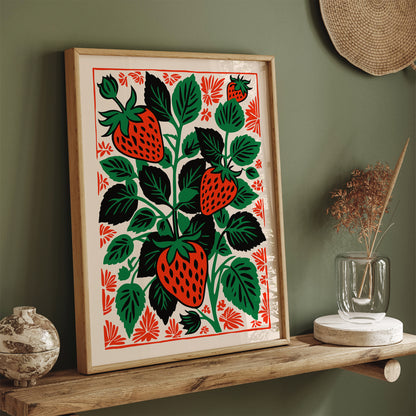 Retro Strawberry Linocut Art Print