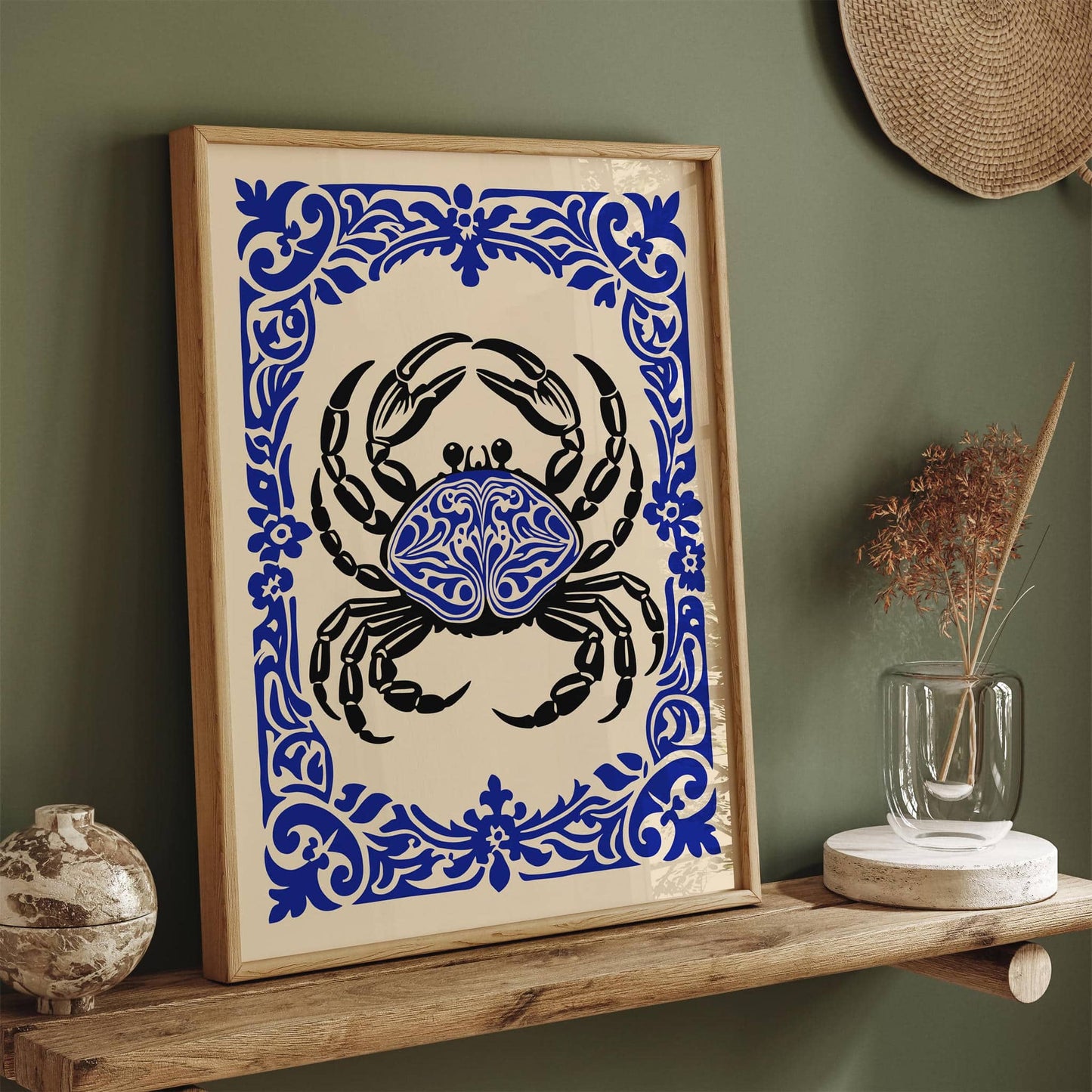Blue Floral Crab Animal Poster in Rococo Style