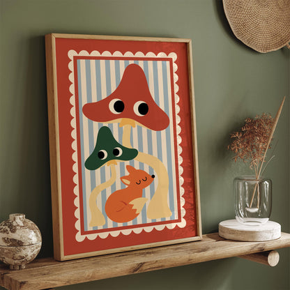 Cute Fox & Mushroom Poster – Whimsical Woodland Wall Art