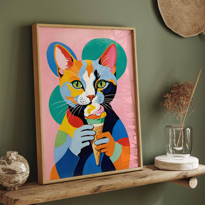 Cute Cat with Ice Cream Art Print 2024