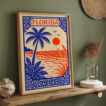 Florida Retro Travel Poster - Vintage Beach Palm Tree Wall Art