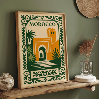 Morocco Travel Poster - Cityscape Green and Yellow Art Print