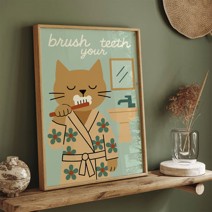 Brush Your Teeth Poster - Funny Cat Bathroom Poster