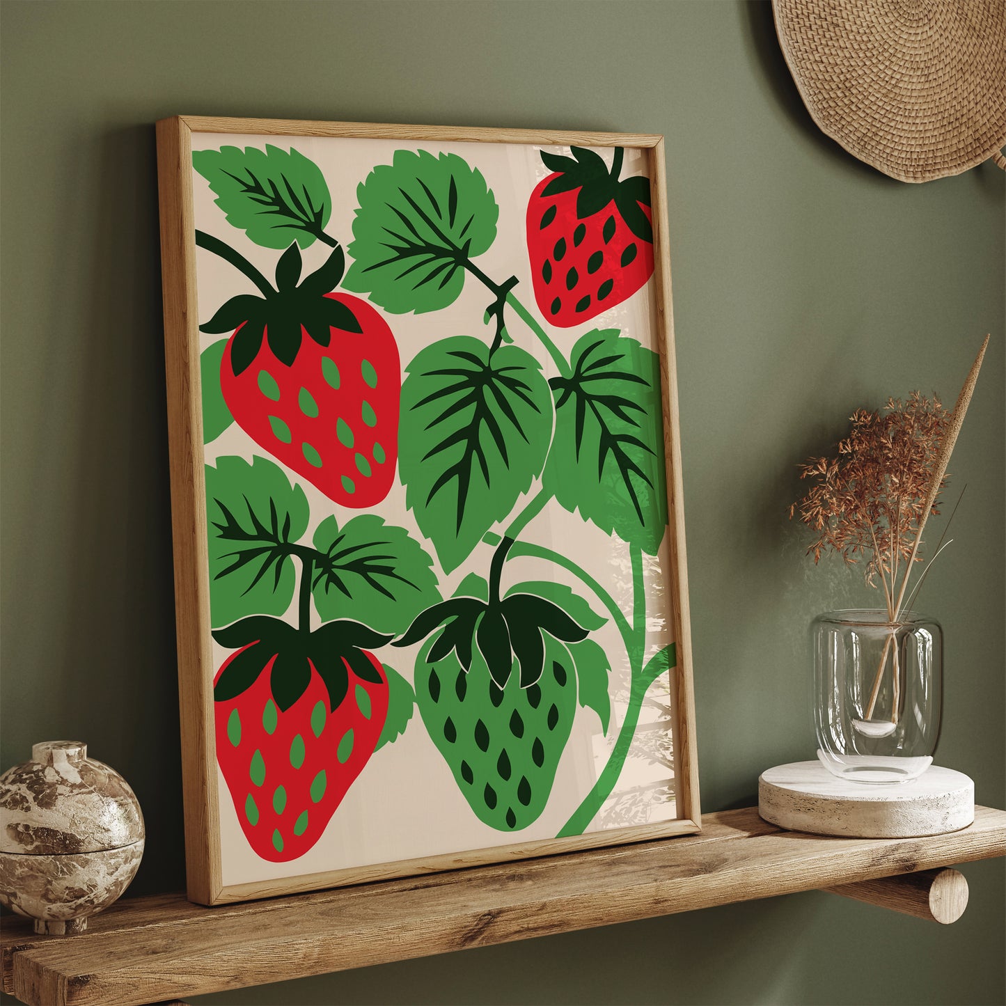 Strawberry Green Art - Retro Poster Print