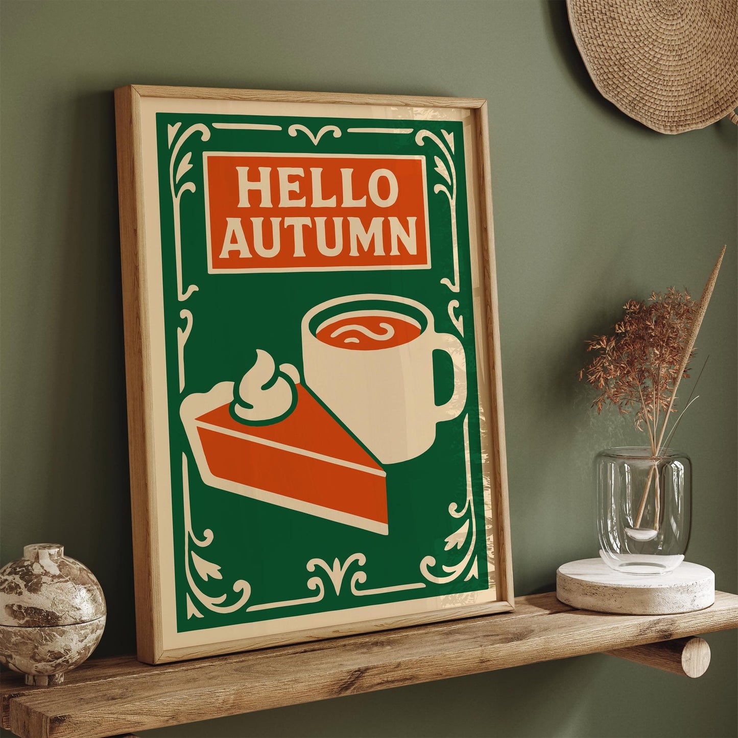 Hello Autumn Poster - Pumpkin Pie and Hot Cocoa Drink Wall Art
