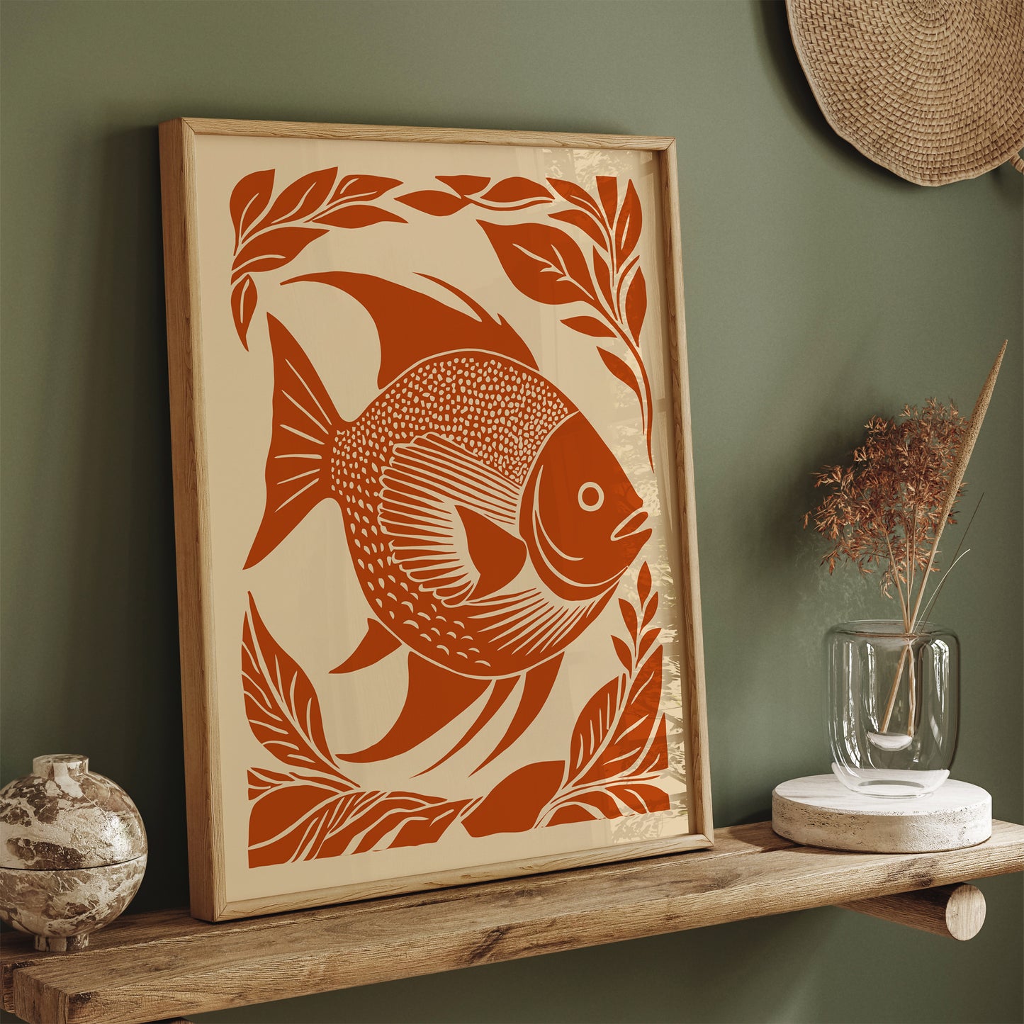 Vintage Linocut Fish Print - Retro Wall Art