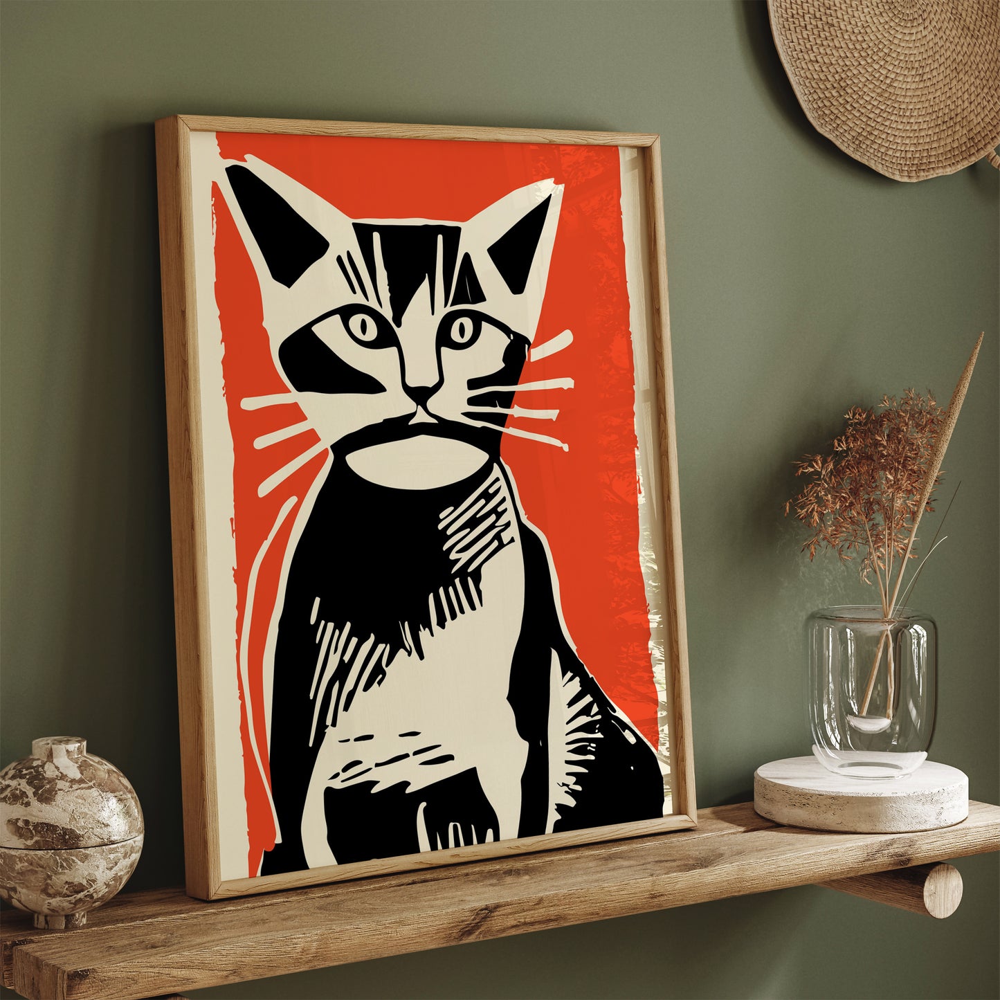 Retro Cat Linocut Wall Art Poster