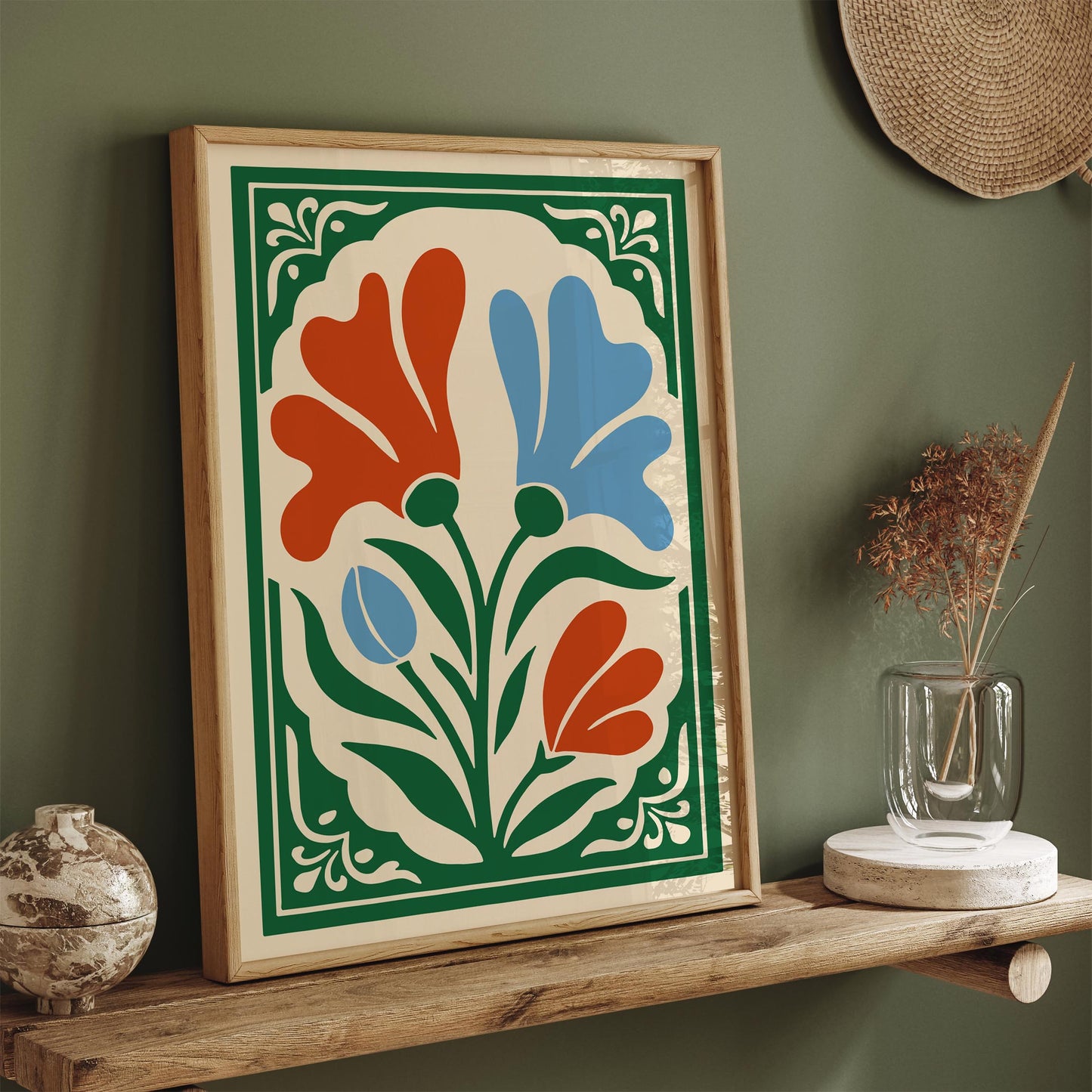 Blue and Red Floral Wall Art Print
