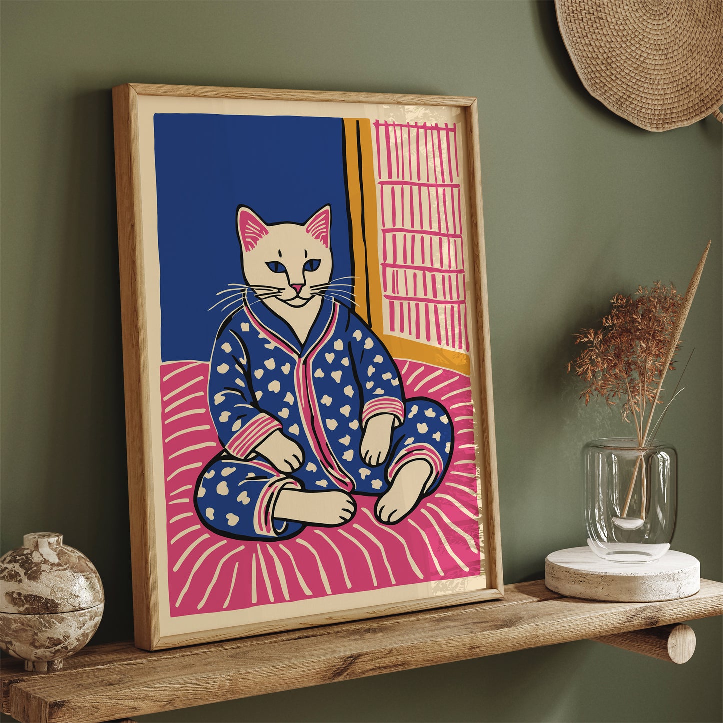 Cat in Pyjamas Bedroom Art Print