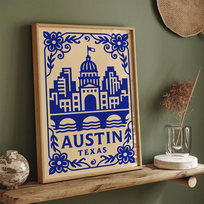 Austin Texas Poster - Blue Cityscape Travel Wall Art