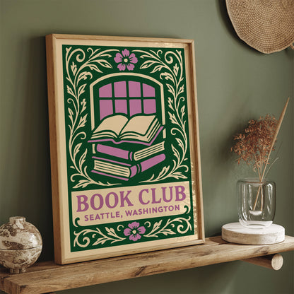 Book Club Seattle Poster - Floral Wall Art for Book Lovers