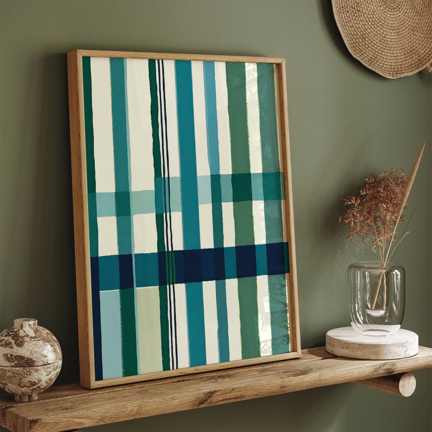 Blue Checkered Abstract Art Print for Bathroom Decor