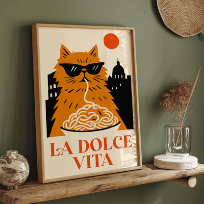 La Dolce Vita Poster - Funny Cat Eating Spaghetti Wall Art Print