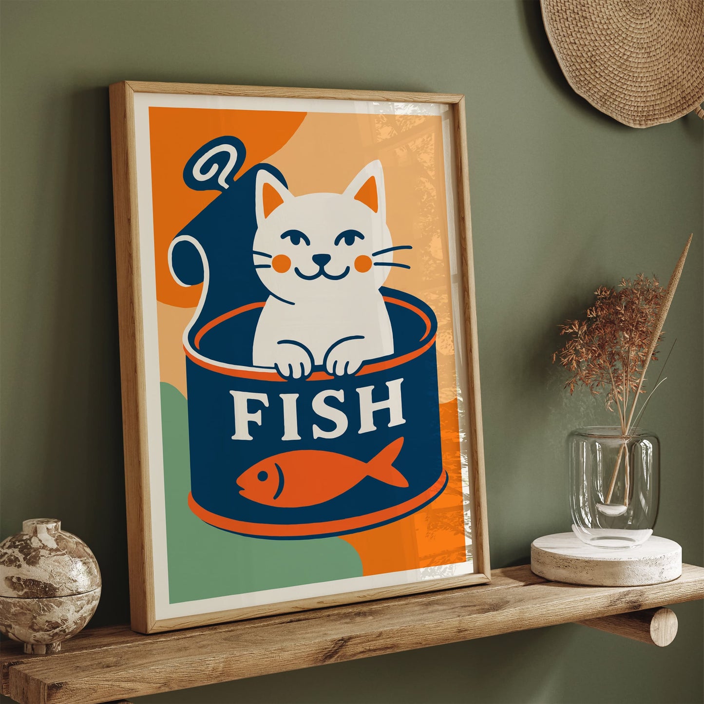 Funny White Cat and Canned Fish Poster