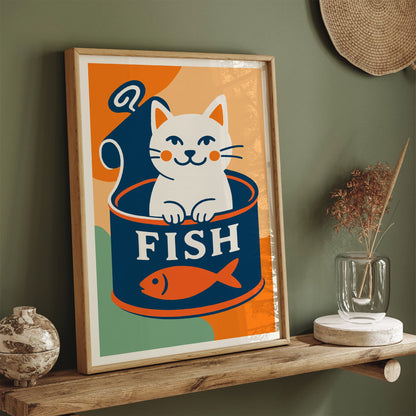 Funny White Cat and Canned Fish Poster