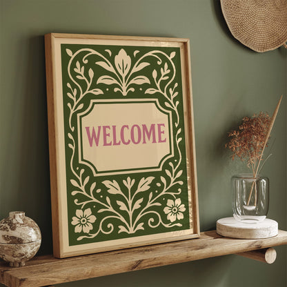 Green Welcome Sign Art Print in Floral Botanical Rococo Style