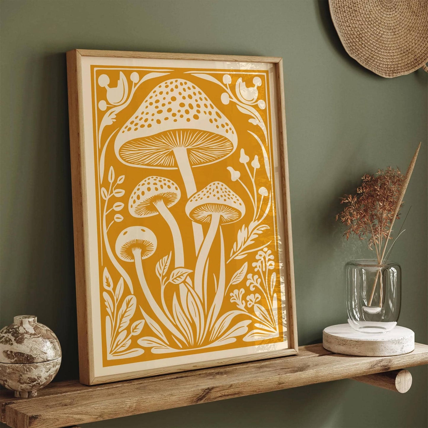 Forest Mushroom Poster – Warm Yellow Botanical Wall Art