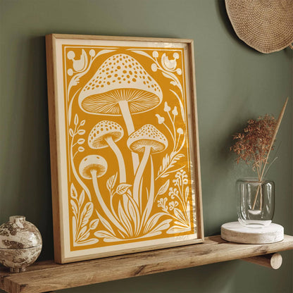 Forest Mushroom Poster – Warm Yellow Botanical Wall Art