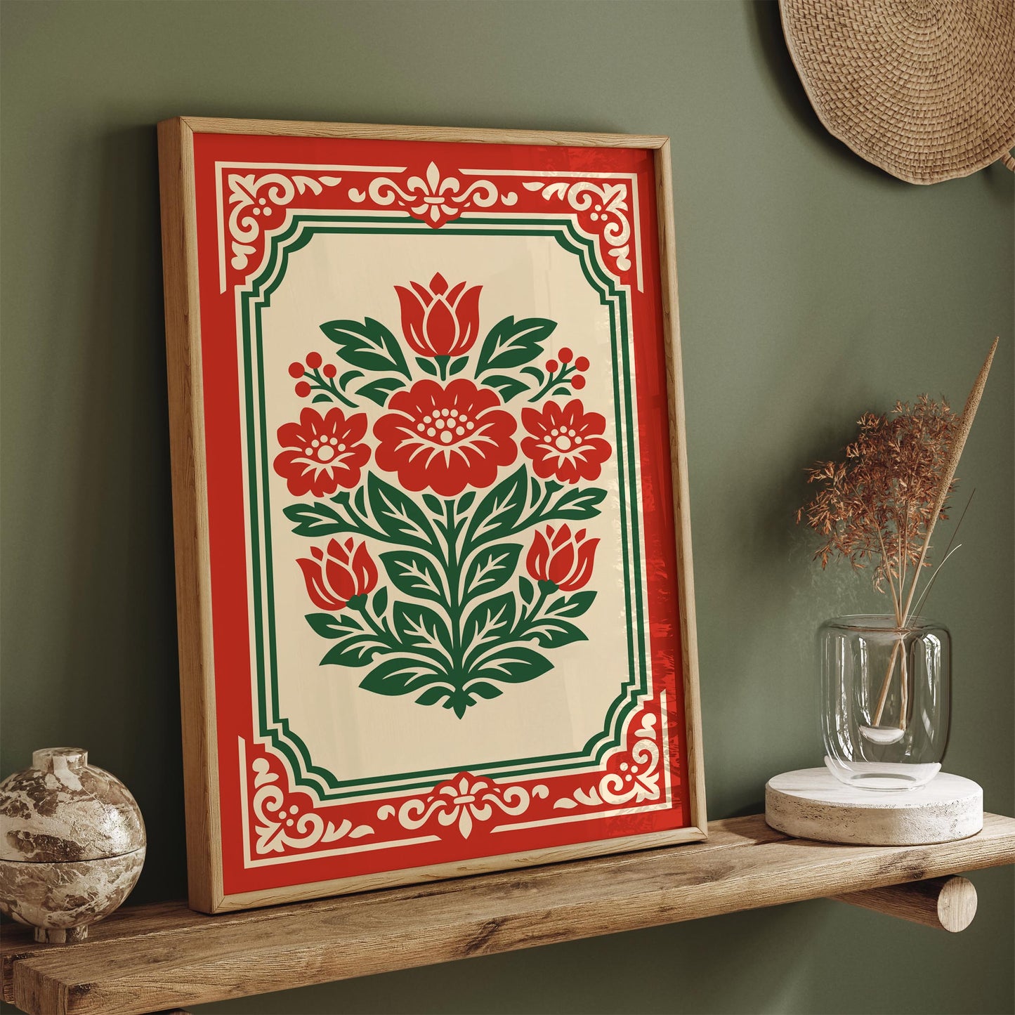 Red Rococo Floral Wall Art Print