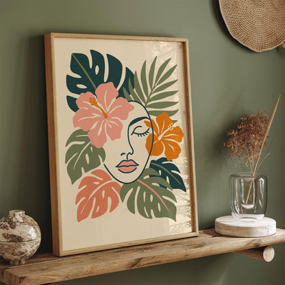 Line Art Woman Face in Tropical Leaves Poster