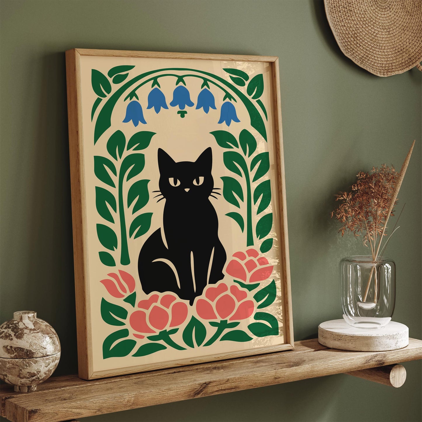 Black Cat Floral Poster
