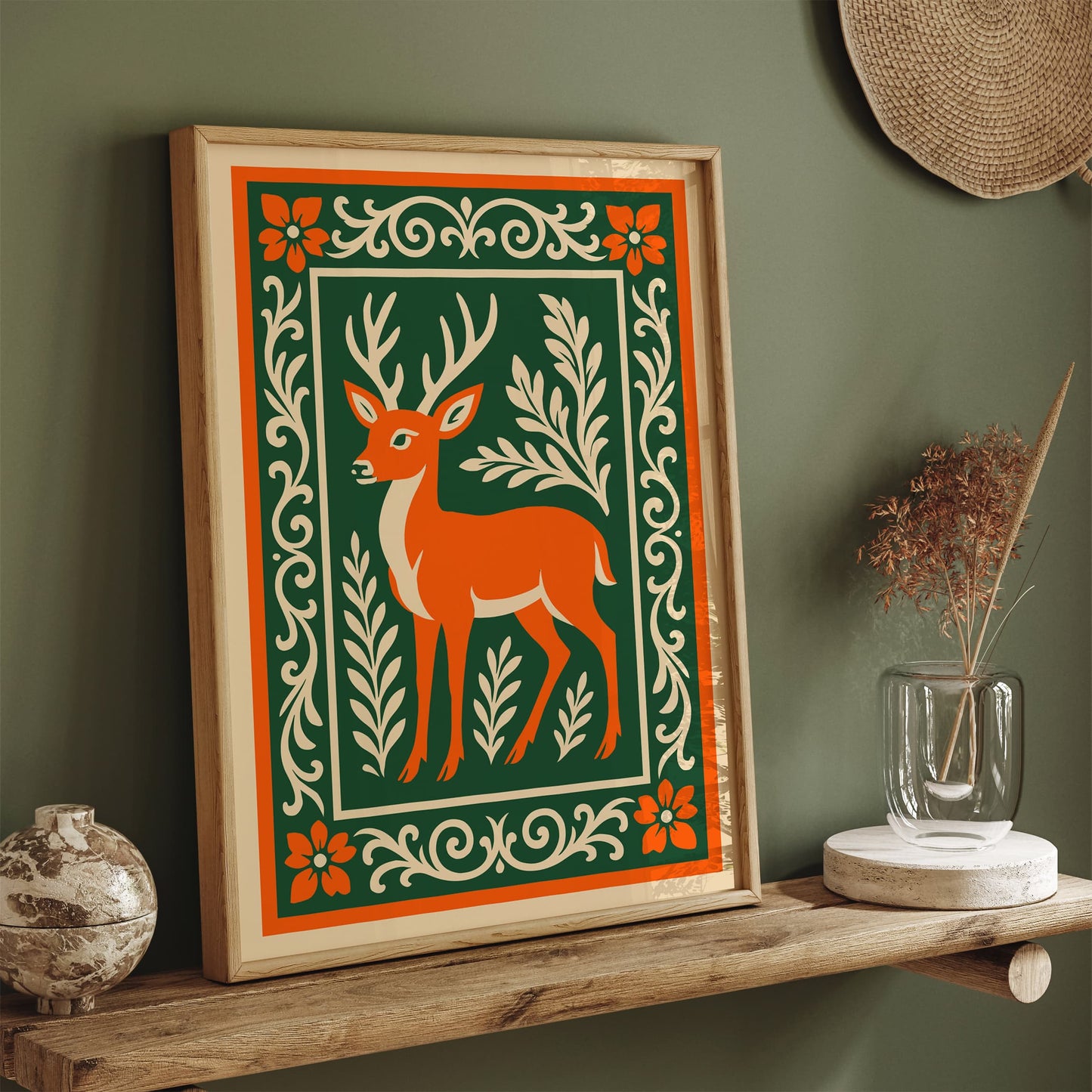 Rococo Deer Art Print - Green and Orange Nature Poster