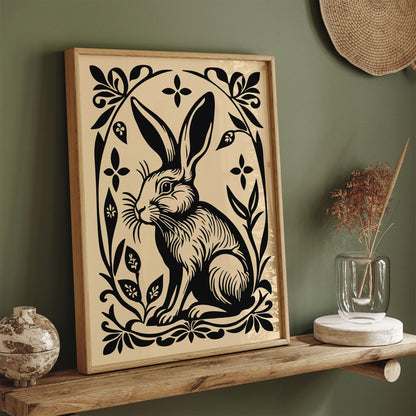 Black Rabbit Poster in Linocut Style
