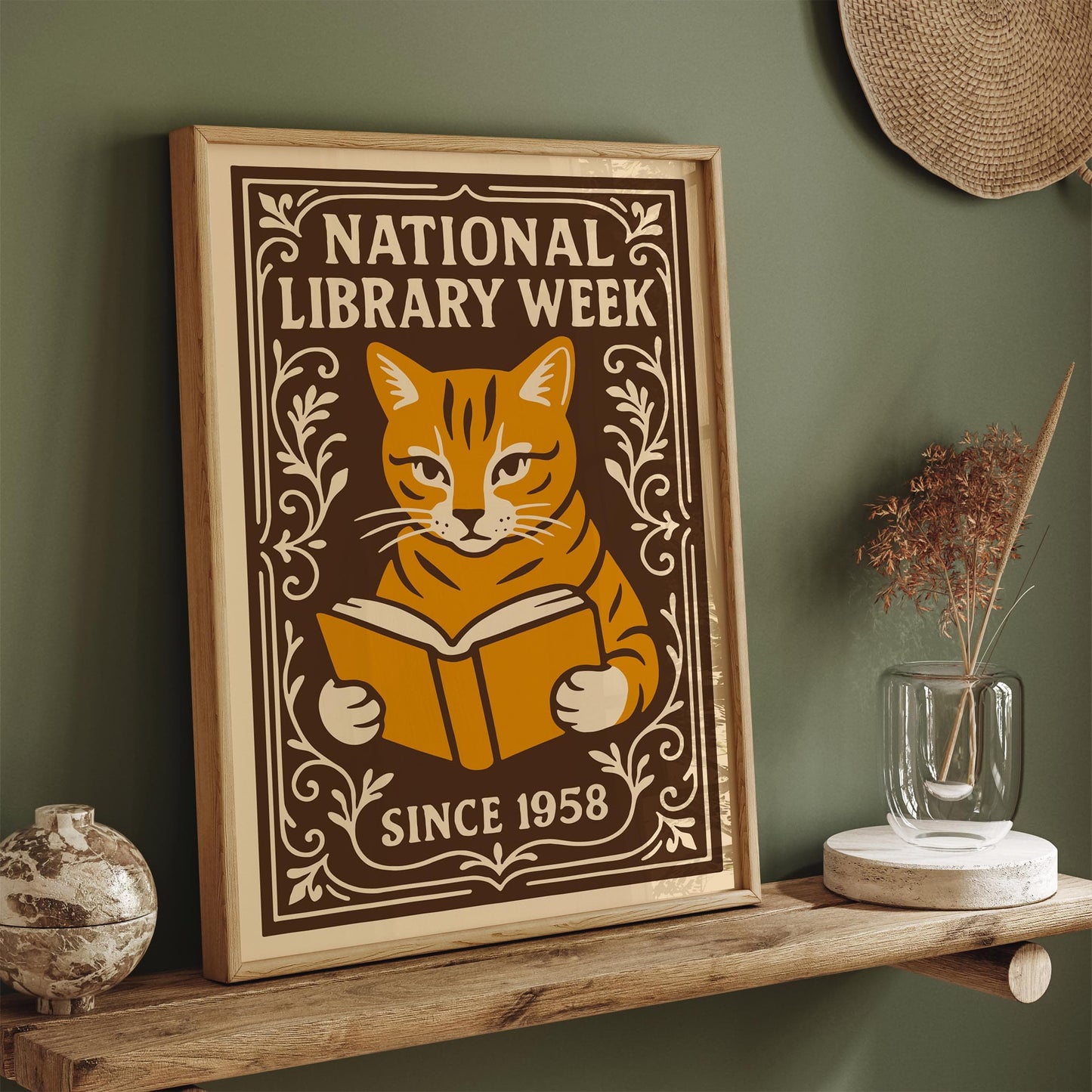 National Library Week Poster, Cat Reading a Book Print