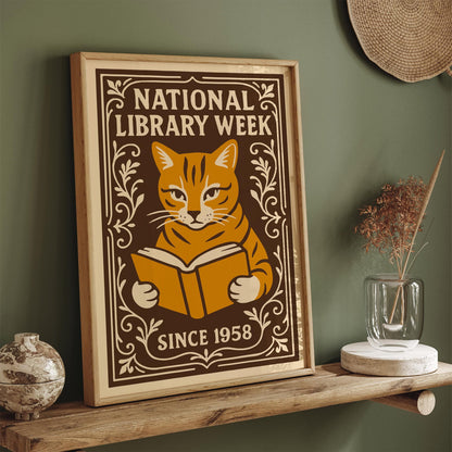 National Library Week Poster, Cat Reading a Book Print