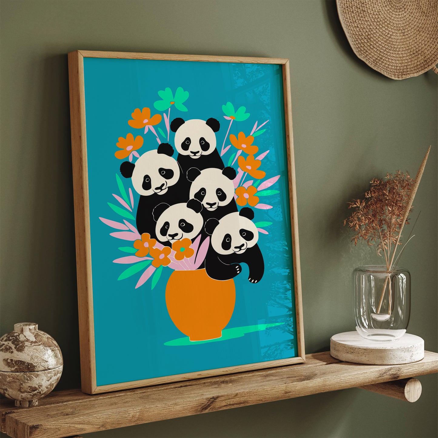 Funny Panda Flowers Kids Room Decor Print