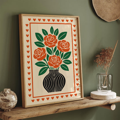 Red Roses Poster - Retro Flowers in Vase Print