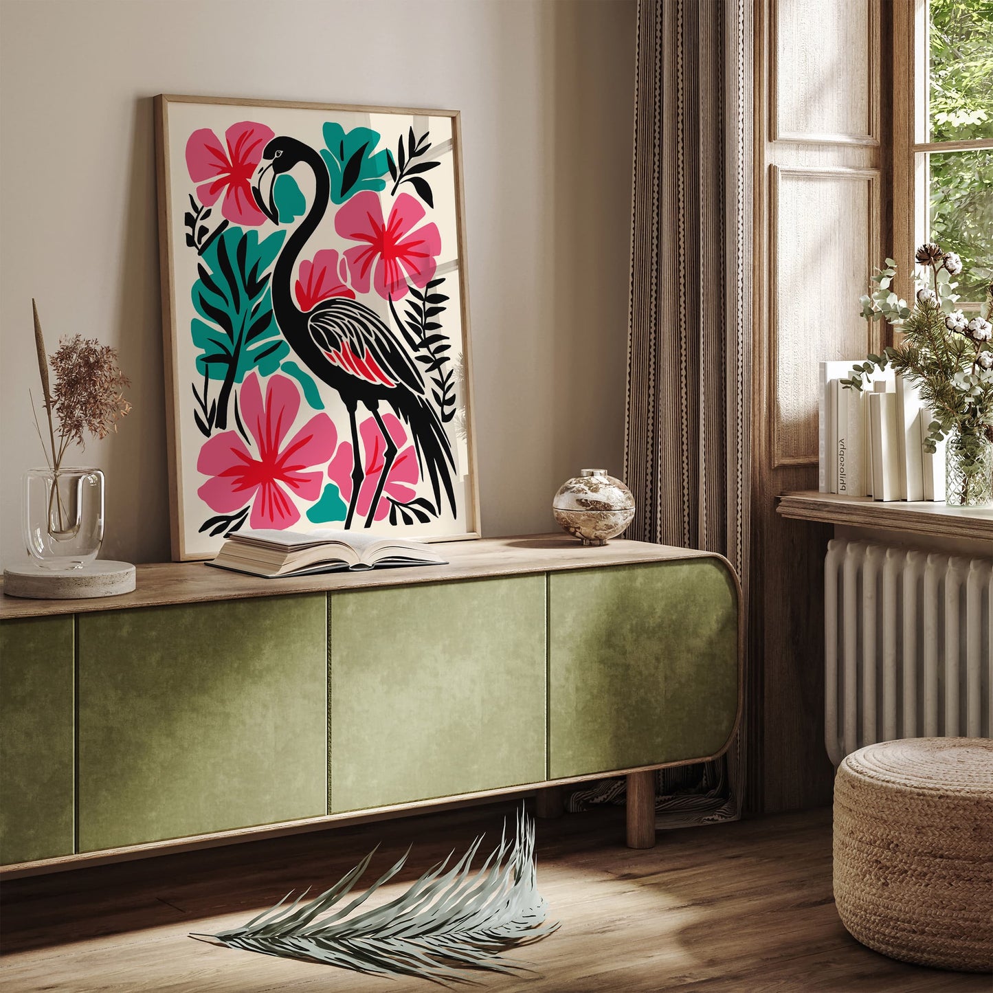 Tropical Black Flamingo Art Print – Bold Maximalist Floral Wall Decor