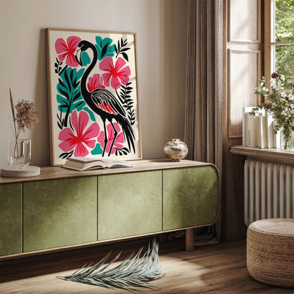 Tropical Black Flamingo Art Print – Bold Maximalist Floral Wall Decor