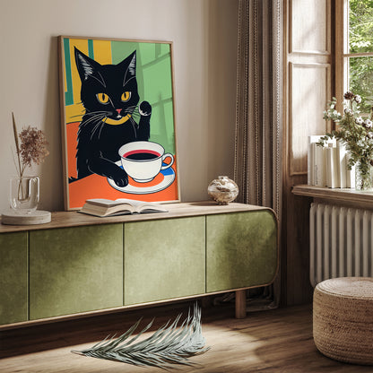 Black Coffee Cat Retro Print