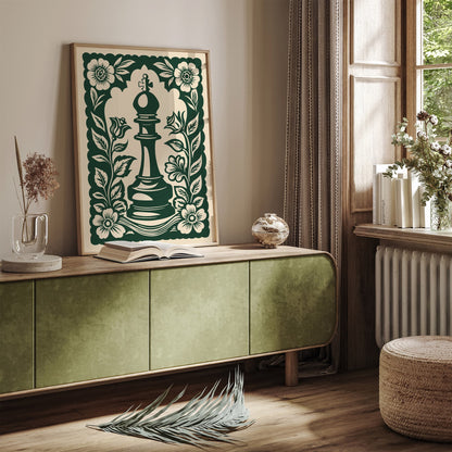 Green Linocut Chess Piece Poster