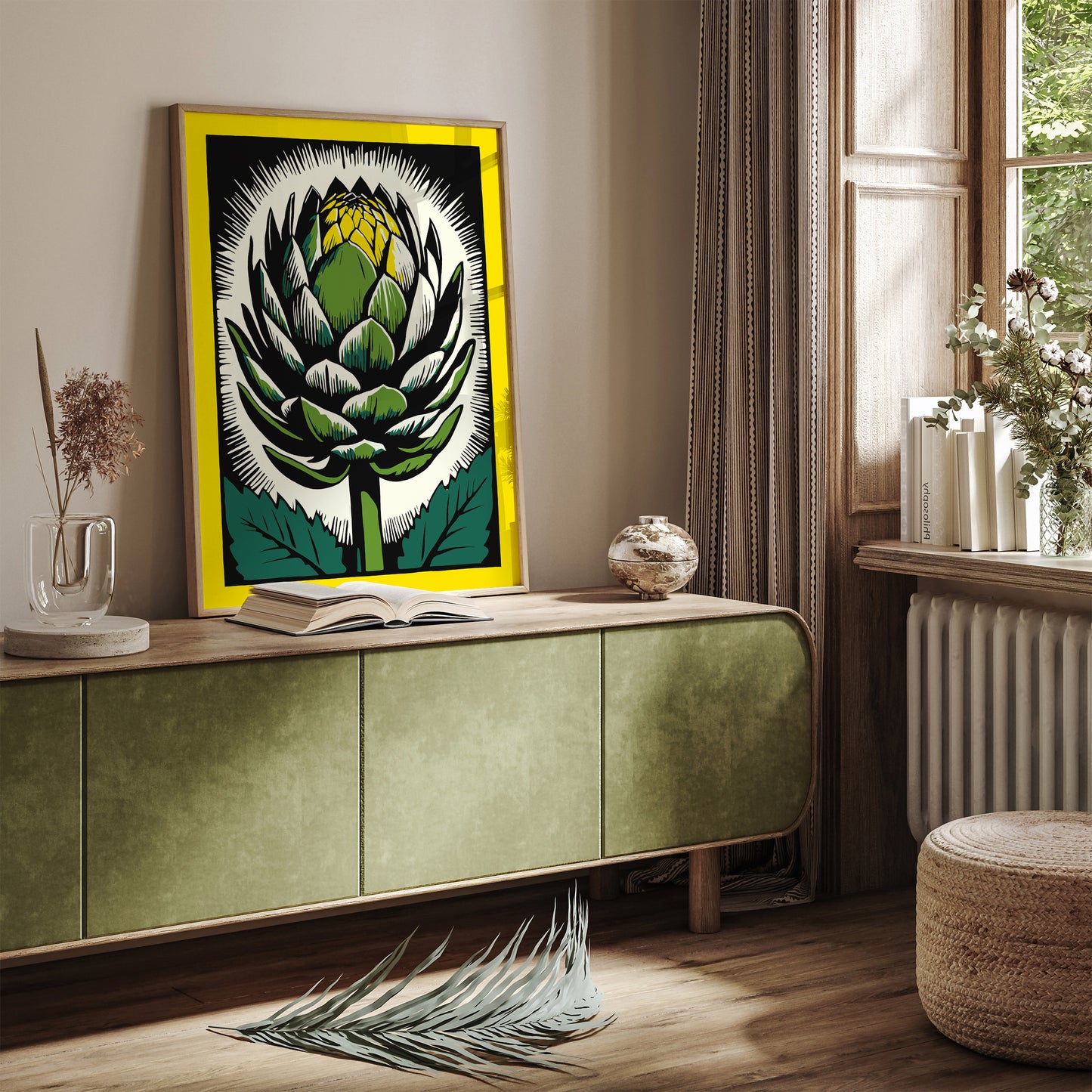 Vintage Artichoke Linocut Yellow Poster