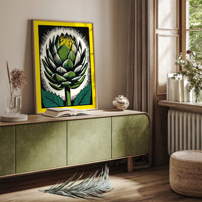 Vintage Artichoke Linocut Yellow Poster