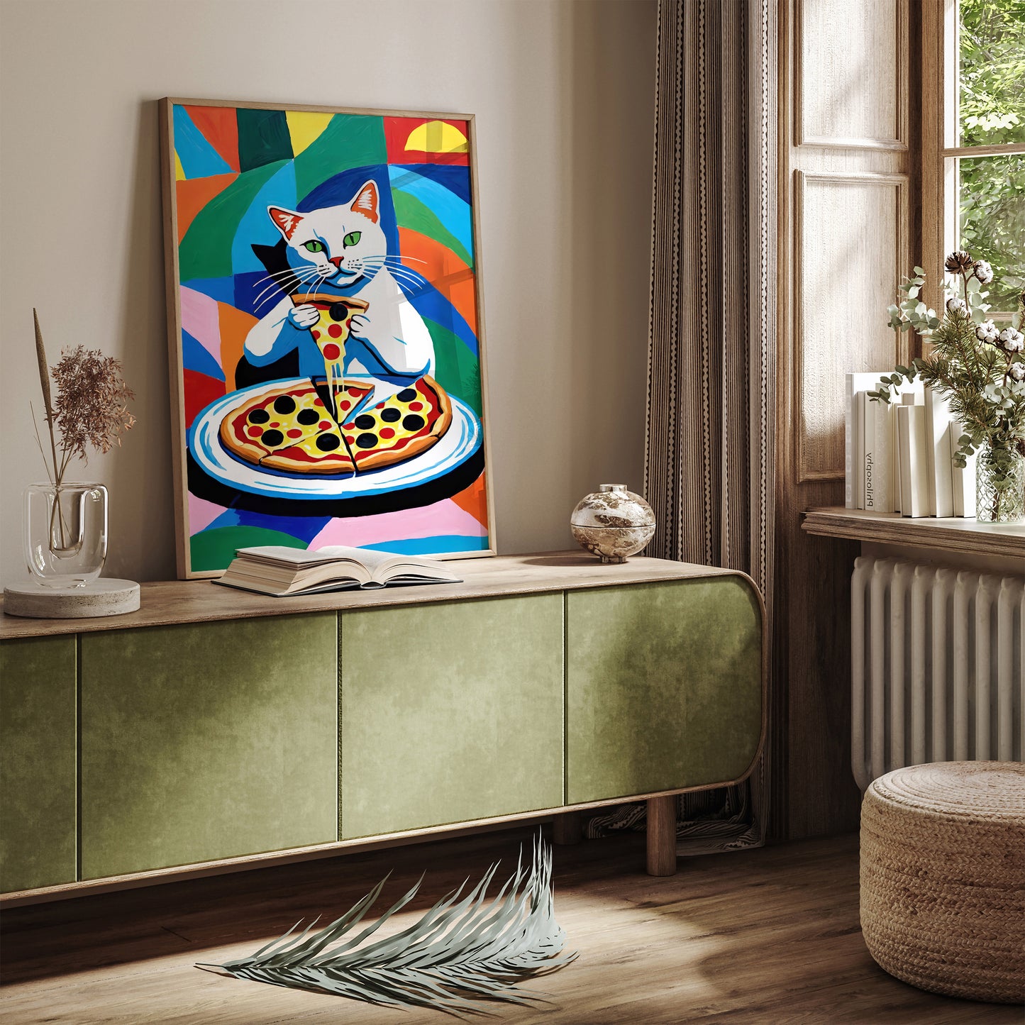 Colorful Cat Eating Pizza Poster