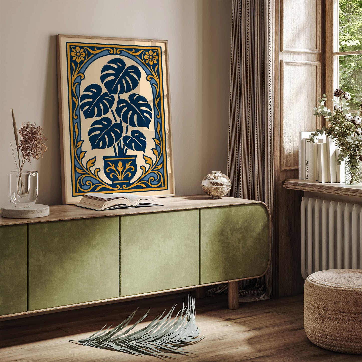 Blue Monstera Plant Art Print - Rococo Revival Style