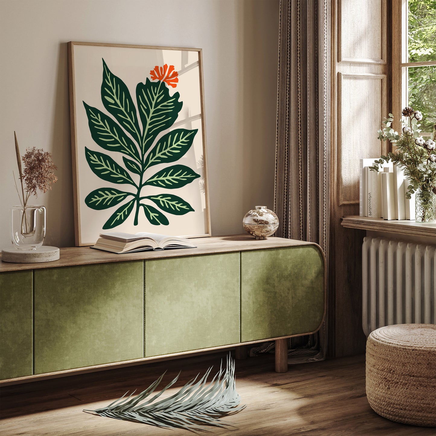 Hand-Drawn Botanical Poster,Vintage Style Green Leaf