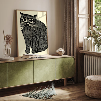 Linocut Chubby Cat Wall Art Print